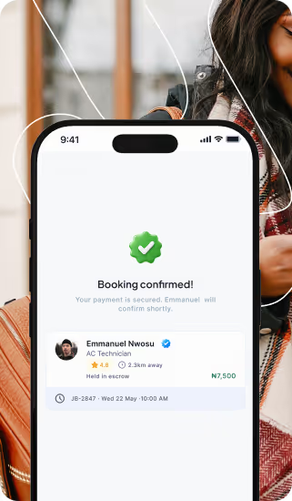 Phone screen shows booking confirmed for AC technician Emmanuel Nwosu with payment secured.